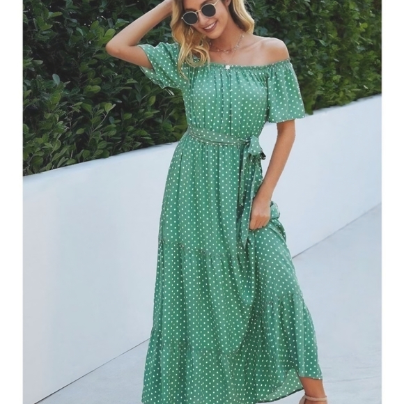 Green Summer Polka Dot Off-Shoulder Dress S-M-L Sizes - Picture 2 of 4